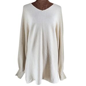 R2 Ribbed Knit Oversized V-Neck Sweater Womens Large Beige Neutral Cream Top EUC